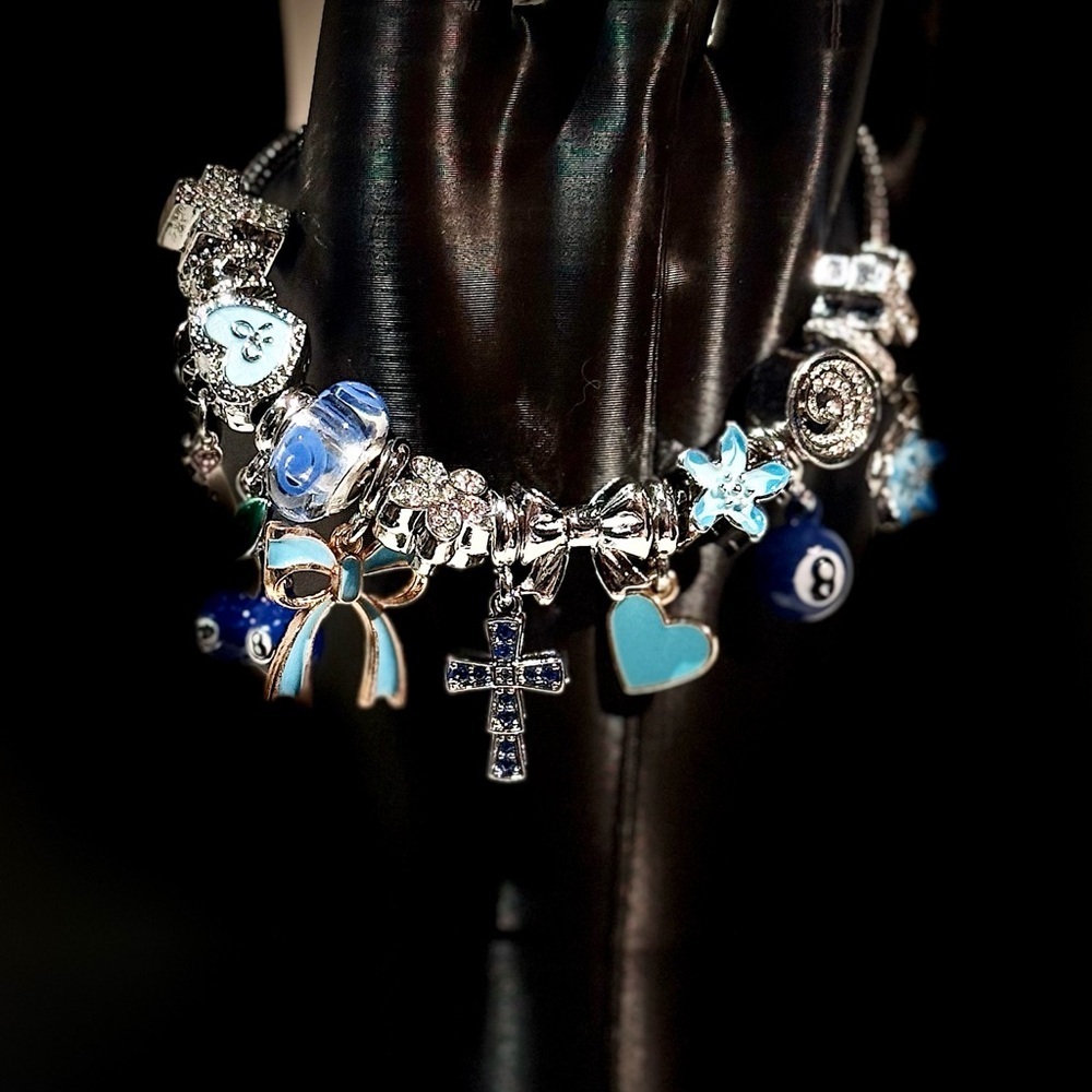 Blue Charm Bracelet with Cross and Heart Charms - Women Jewelry